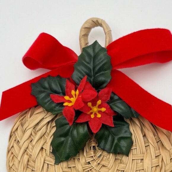 Vintage Wicker Poinsettia Christmas Fridge Magnet with Red Bow Holiday Decor - Picture 4 of 6